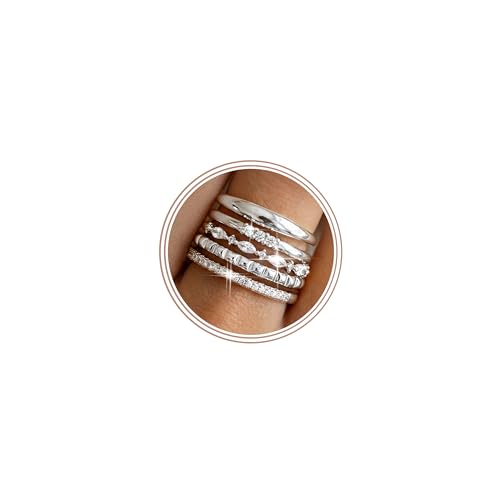 sailimue Gold Stackable Rings for Women Non Tarnish - Dainty 14K Gold Plated Thumb Ring Stack Set Fashion Cubic Zirconia Wedding Bands Silver Statement Engagement Stacking Rings for Women Size 5-11 - color: Silver