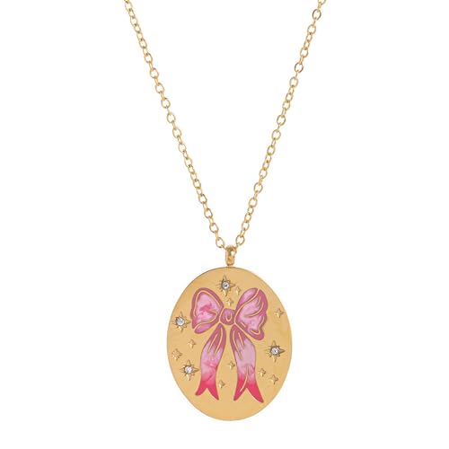 Gold Compass Charm Necklace for Women, Trendy Simple Dainty Inspirational Compass Butterfly Bow Knot Red Christmas Mug Sun Friendship Necklaces Graduation Gifts - style: Oval Pink Bow Knot