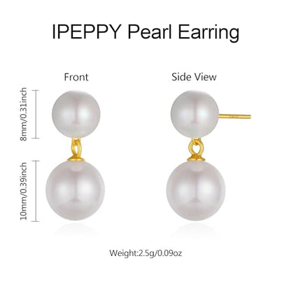 Double Pearl Drop Earrings for Women 925 Sterling Silver | 18k Gold Plated Big Large Pearl Dangle Earrings Pearl Dangling Stud Earring Bridal Wedding Jewelry Birthday Gifts for Mom - color: Grey