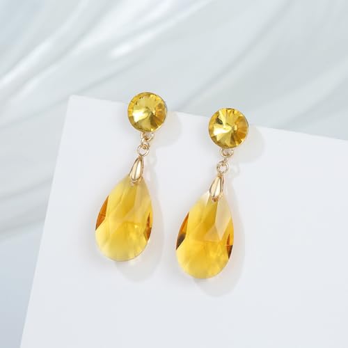 Round and Teardrop Crystal Stud Dangle Earrings Hypoallergenic Gold Plated Birthstone Drop Earrings Trendy Evening Prom Pageant Jewelry Gift for Women - color: yellow