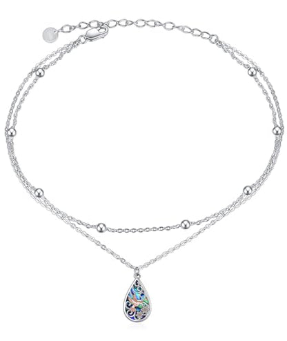 POPLYKE 925 Sterling Silver Double Layered Chain Evil Eye Daisy Sunflower Butterfly Anklets for Women Holiday Beach Crystal Ankle Bracelet Dainty Evil Eye Jewelry - style: Abalone Hummingbird Anklet