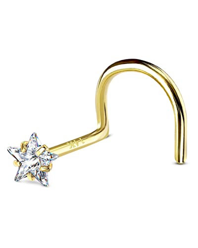 14k Solid Gold Nose Stud, Yellow Gold, 3mm Star,Hypoallergenic | S Shape Nose Ring, For Women, 14K Real Screw Nostril Stud, Hypoallergenic