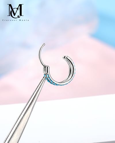 Nose Ring Hoop, 316L Stainless Steel Double Nose Rings, 20G Nose Piercing Jewelry for Women, Clear CZ Helix Cartilage Septum Nose Hoops - color: Turquoise-Silver-7mm