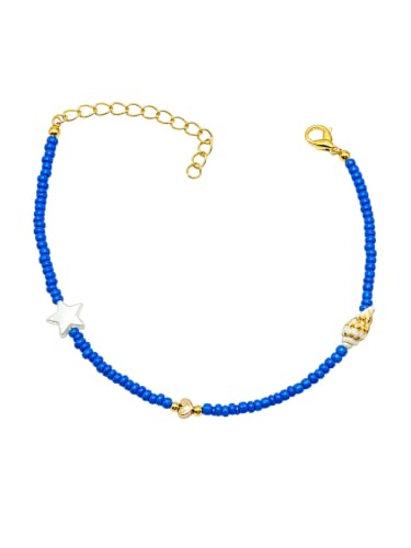 Handmade Blue Beaded Anklet with Star & Shell Charm | Adjustable Fit up to 12in, Gold-Tone Accents, Seed Bead Design, Lightweight & Comfortable, Beach & Boho Style