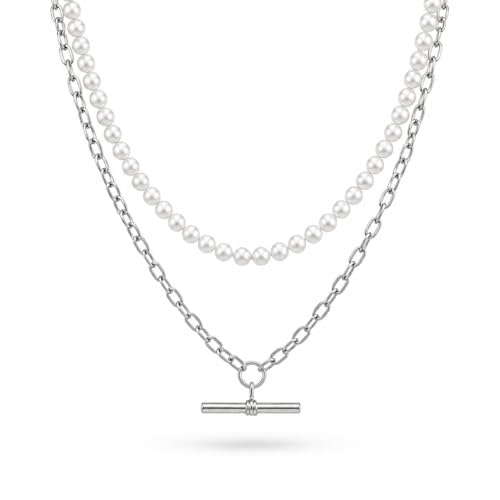 Layered Necklaces for Women Pearl Necklace Stack Gold T Bar Necklace Set Dainty Heart Pendant Jewelry Trendy 2026 Fashion Accessories Gifts - color: B1:2pcs-silver-6mm