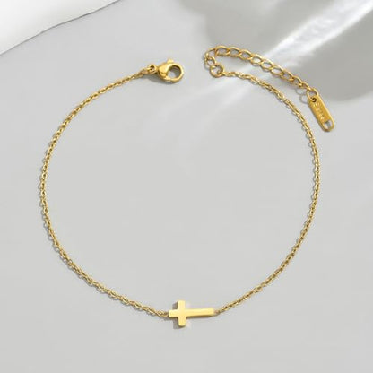 NONAMOIS Ankle Bracelets for Women Dainty 18K Gold Plated Anklet Waterproof Round Beaded Paperclip Herringbone Pearl Chain Anklets Waterproof Beach Foot Jewelry - color: Tiny Cross-Gold