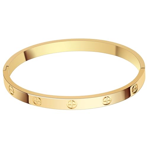 Waterproof 18K Gold PVD Plated Bracelet for Women, Non-Tarnish Stainless Steel Bangle with Engraved Cross Pattern and 5A Cubic Zirconia, Trendy Jewelry Gift for Her - color: Gold, M/L, size: M/L