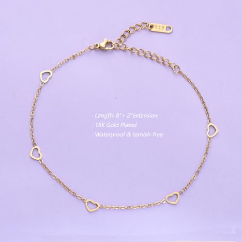 Ankle Bracelets for Women 14K Gold Sterling Silver Plated Anklets for Women Waterproof Dainty Anklets with Cubic Zirconia,Clover, Forever Love Knot, Chains Trendy Everyday Anklet Beach Summer Jewelry Gift - color: Hearts Chain-Gold