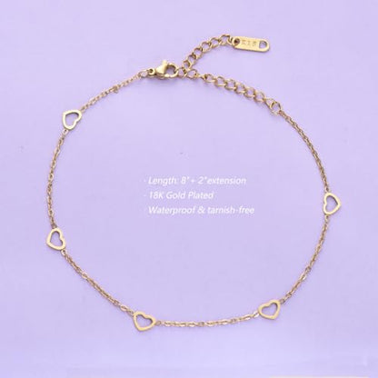 Ankle Bracelets for Women 14K Gold Sterling Silver Plated Anklets for Women Waterproof Dainty Anklets with Cubic Zirconia,Clover, Forever Love Knot, Chains Trendy Everyday Anklet Beach Summer Jewelry Gift - color: Hearts Chain-Gold