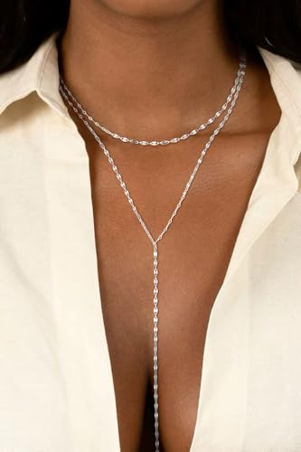 Lariat Necklace for Women, Dainty Long Necklaces, 14k Gold/Silver Plated Y-Shaped Drop Chain Necklace, Simple Layered Necklaces, Trendy Jewelry Gifts - style: Double Lip Chain-Silver