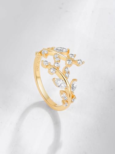 Silver Leaf Ring for Women 925 Sterling Silver Yellow Gold Plated CZ Inlaid Marquise Sapphire/Ruby/Emerald Cocktail Rings Size 6 to 10 - color: Cubic Zirconia - Gold