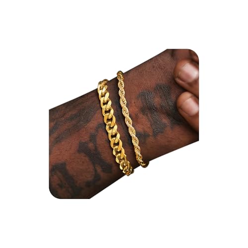 PEALICIOUS Mens Bracelet for Men Rakhi Gifts for Men Jewelry | 2 PCS Silver/Gold Bracelets for Men Chain,Pulseras Para Hombres Mens Accessories, Waterproof Jewelry,Stainless Steel Bracelet - color: Gold Cuban and Rope, size: 22+3cm