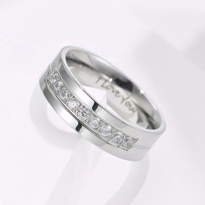 Couple Rings for Him and Her Stainless Steel Matching Promise Ring Princess Cut Bridal Couple Wedding Engagement Bands Cubic Zirconia CZ Band for Women Men Lover Jewelry Gifts Comfort Fit 5-15 - color: B,silver,I LOVE YOU,with zircon,1pc