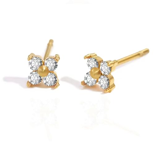 QueenBee 14K Gold Plated Ivy Flower Birthstone Stud Earrings for Women Dainty Floral Gemstone Studs Unique Jewelry Gift for Her - color: Apr-Crystal