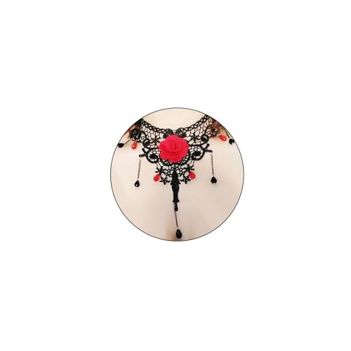 Gothic Red Black Rose Pendant Choker Necklace Vintage Victorian Black lace Collar Cameo Pendant Choker Necklace Witch Vampire Role Halloween Jewelry Gift - color: Rose C