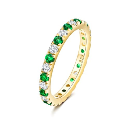 DAYBYDAY Sapphire/Emerald/Ruby Full Eternity Band Rings for Women, 2.4mm Thin Birthstone Stackable Rings, 925 Sterling Silver/14K Gold Plated Gemstone Wedding Band Anniversary Ring Size 6 to 10 - color: 05. Green Emerald & Cz, May, Gold Plated