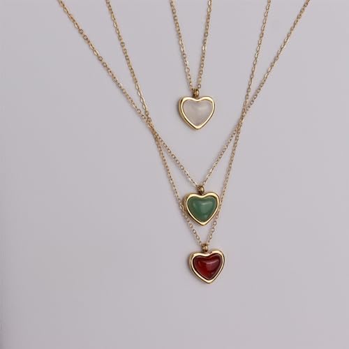Sonateomber Gold Stone Pendant Necklace for Women, Chunky Statement Dainty Heart Oval Natural Gemstone Dangle Necklaces Wedding Prom Accessories Fashion Jewelry Gift - color: Red