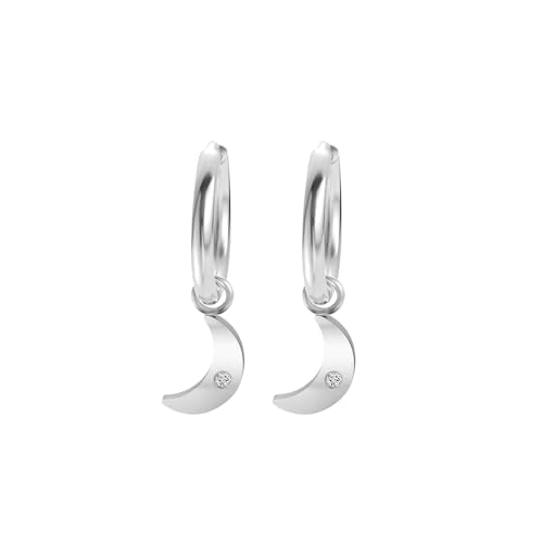 Women's Huggie Hoop Earrings with Small Cute Charm - style: Silver Quarter Moon
