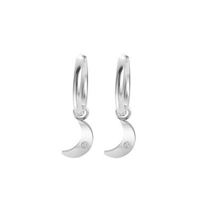 Women's Huggie Hoop Earrings with Small Cute Charm - style: Silver Quarter Moon
