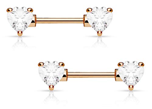 Forbidden Body Jewelry Pair of Surgical Steel 1/2-5/8 Inch (12-16mm) Cubic Zirconia Crystal Double Heart Nipple Barbells - style: Clear (Rose Gold Tone)