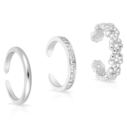 Mikovivi 3pcs Silver Toe Rings, Open Adjustable Copper Toe Ring Set Flower Diamond Plain Foot Ring Summer Beach Foot Jewelry for Women