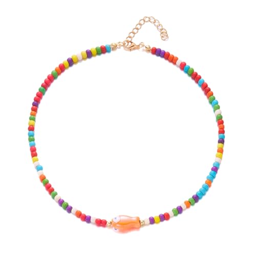Seed Bead Choker Necklace for Women Bohemian Tiny Beads Choker Colorful Rice Bead Starfish Choker Summer Surfer Beach Necklace Jewelry Gift - color: A-Colorful Fish