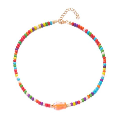 Seed Bead Choker Necklace for Women Bohemian Tiny Beads Choker Colorful Rice Bead Starfish Choker Summer Surfer Beach Necklace Jewelry Gift - color: A-Colorful Fish