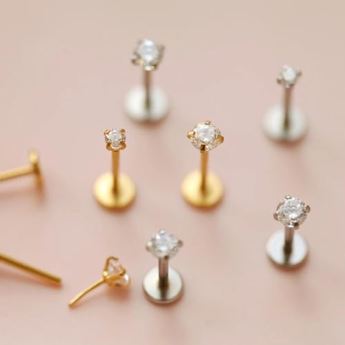 16G/18G/20G Tiny CZ Stud Earrings, Gold Flat Back Earrings, Threadless Cartilage Tragus Piercing Conch Stud Nose Helix Stud - color: CZ -Gold, size: 16 gauge (1.2mm post)