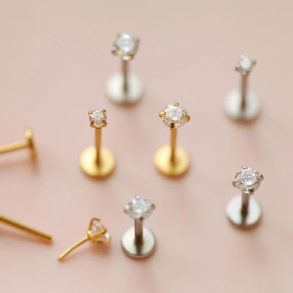 16G/18G/20G Tiny CZ Stud Earrings, Gold Flat Back Earrings, Threadless Cartilage Tragus Piercing Conch Stud Nose Helix Stud - color: CZ -Silver, size: 18 gauge (1.0mm post)