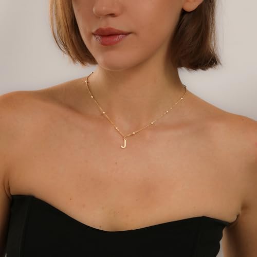 Initial Necklace for Women 14K Gold Silver Dainty Letter Necklace | Personalized Monogram Name Charm Pendant, Simple Bead Chain, Trendy Jewelry Gift, Non Tarnish - style: J