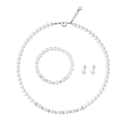 6mm Pearl Jewelry Set for Women & Girls, Necklace Bracelet Earrings | Sparkling Rhinestone Detail, Faux Pearl Set, Prom Gift - style: 16 inches white