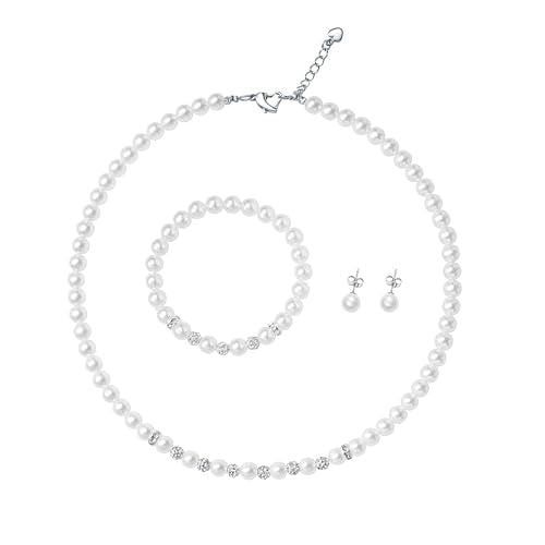 6mm Pearl Jewelry Set for Women & Girls, Necklace Bracelet Earrings | Sparkling Rhinestone Detail, Faux Pearl Set, Prom Gift - style: 14.5 inches white