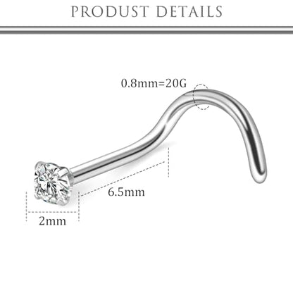 Hoeudjo Nose Studs Surgical Steel Cubic Zirconia Nose Rings Kit for Women Men Tiny Nose Stud Bone & Screw & L Shaped Nostril Piercing Jewelry 24/22/20/18 Gauge 10 Pieces - color: silver-tone,screw nose studs, size: 20g/2mm clear CZ