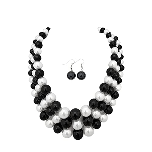 Fashion 21 Women's Faux Pearl Three Multi-Strand Statement Necklace and Earrings Set - color: Black + White