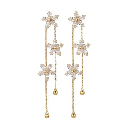 14K Gold Plated CZ Flower Dangle Earrings for Women, Sparkly Cubic Zirconia Long Tassel Drop Earrings, Bridal Wedding Jewelry - color: E:Flower earrings