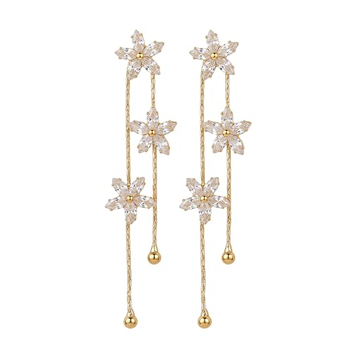14K Gold Plated CZ Flower Dangle Earrings for Women, Sparkly Cubic Zirconia Long Tassel Drop Earrings, Bridal Wedding Jewelry - color: E:Flower earrings