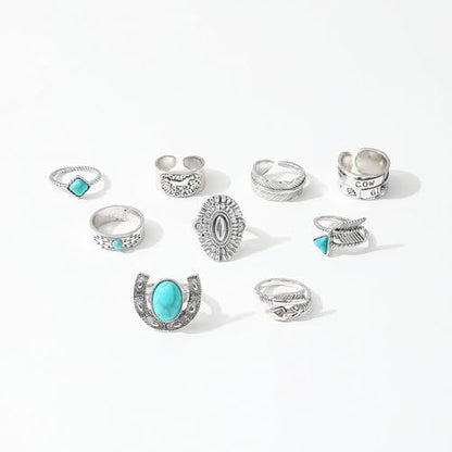 Airvess Vintage Knuckle Rings Set, Chunky Turquoise Stackable Rings, Silver Joint Finger Stacking Rings, Bohemian Western Jewelry for Women - style: 9 Pcs