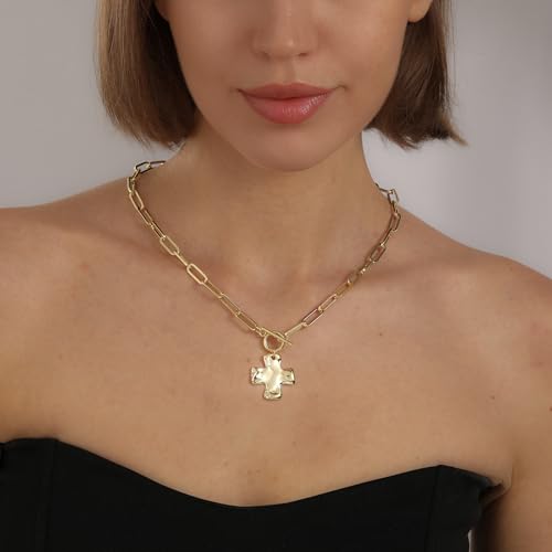 Chunky Cross Necklace for Women Trendy 14K Gold Silver Plated Statement Big Cross Pendant Paperclip Chain Charm Necklaces Religious Faith Easter Basket Stuffers Baptism Costume Jewelry Gift - color: Gold-Toggle-1 inch pendant