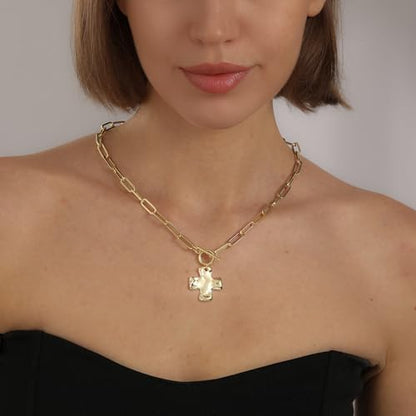 Chunky Cross Necklace for Women Trendy 14K Gold Silver Plated Statement Big Cross Pendant Paperclip Chain Charm Necklaces Religious Faith Easter Basket Stuffers Baptism Costume Jewelry Gift - color: Gold-Toggle-1 inch pendant