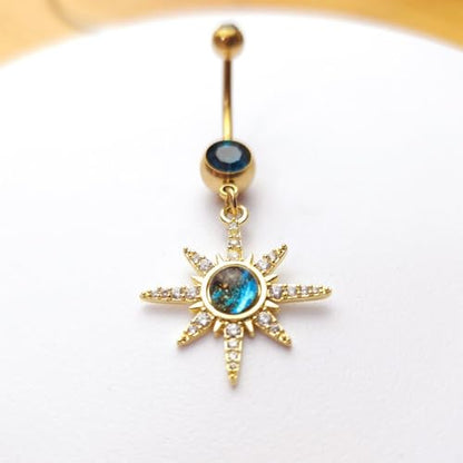 14G Blue CZ Evil Eye Sun Heart Dangle Belly Button Rings for Women 14K Gold Plated Surgical Steel Belly Navel Barbell Enamel Starry Sky Colorful Crystal Dangling Navel Rings Belly Piercing Jewelry - style: Style6