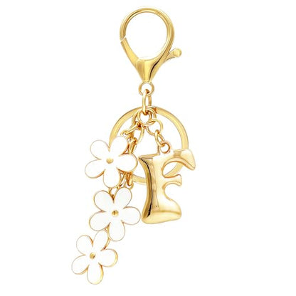 Floral Series Initial Bag Charm, Cute Flower & Bubble Letter Purse Charms, Keychain Accessories Gift for Women - color: White Flower, style: F