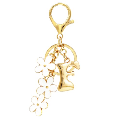 Floral Series Initial Bag Charm, Cute Flower & Bubble Letter Purse Charms, Keychain Accessories Gift for Women - color: White Flower, style: F