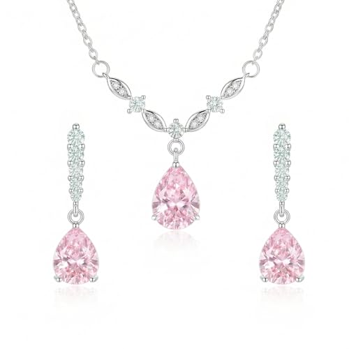 Platinum Plated Cubic Zirconia Teardrop Pendant Necklace Dangle Earrings Set, Silver Jewelry Set for Women,Wedding Jewelry Set for Bride,Bridesmaid Jewelry Gift, Gift for Valentine's Day, Birthday - color: Pink