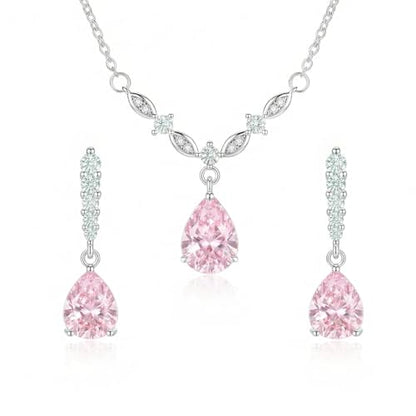 Platinum Plated Cubic Zirconia Teardrop Pendant Necklace Dangle Earrings Set, Silver Jewelry Set for Women,Wedding Jewelry Set for Bride,Bridesmaid Jewelry Gift, Gift for Valentine's Day, Birthday - color: Pink