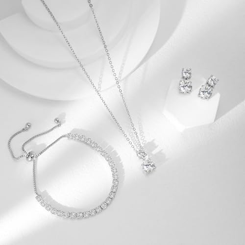 3-Piece Cubic Zirconia Wedding Jewelry Set for Women Bride Bridesmaid Gift | Hypoallergenic, Earrings Necklace Adjustable Bracelet for Prom Formal Parties - color: White Gold