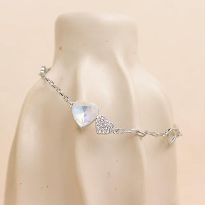 Silver Heart Charm Link Anklet for Women, Adjustable Handmade Cubic Zirconia Stackable Waterproof Summer Beach Chain Anklets Jewelry Accessories Gift - color: Silver Opal Heart