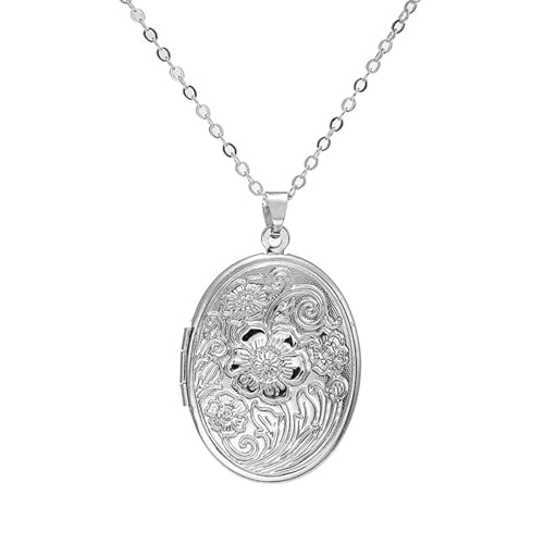 Engraved Flower Empaistic Geometric Photo Locket Necklace Gold Silver Plated Vintage Antiqued Carved Pattern Oval Round Hold Pictures Pendant Necklace for Men Women Souvenir Memorial Fashion Jewelry Gifts - color: Silver