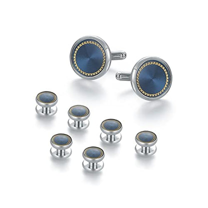wynameleri Mens Cufflinks and Studs Set Blanks Round 4 Colors Shirt Tuxedo Buttons Packed in Cufflink Box for Business Wedding Jewelry - color: Blue
