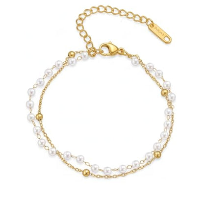 Solza 2 Layer Gold Plated Bracelet – Stainless Steel Adjustable Layered Chain with 3mm Beads, 18K Gold Plated Non Tarnish Jewelry for Women, Elegant Beaded Bracelet Stack for Everyday Wear - style: Pearl Gold