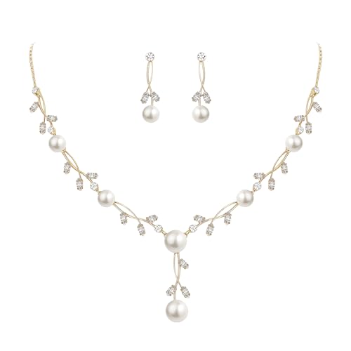 EVER FAITH Cubic Zirconia Pearl Leaf Vine Wedding Jewelry Set for Bride | Crystal Filigree Bridal Necklace Earrings, for Women Bridesmaid - color: 2pcs_Clear Gold-Plated-Brass